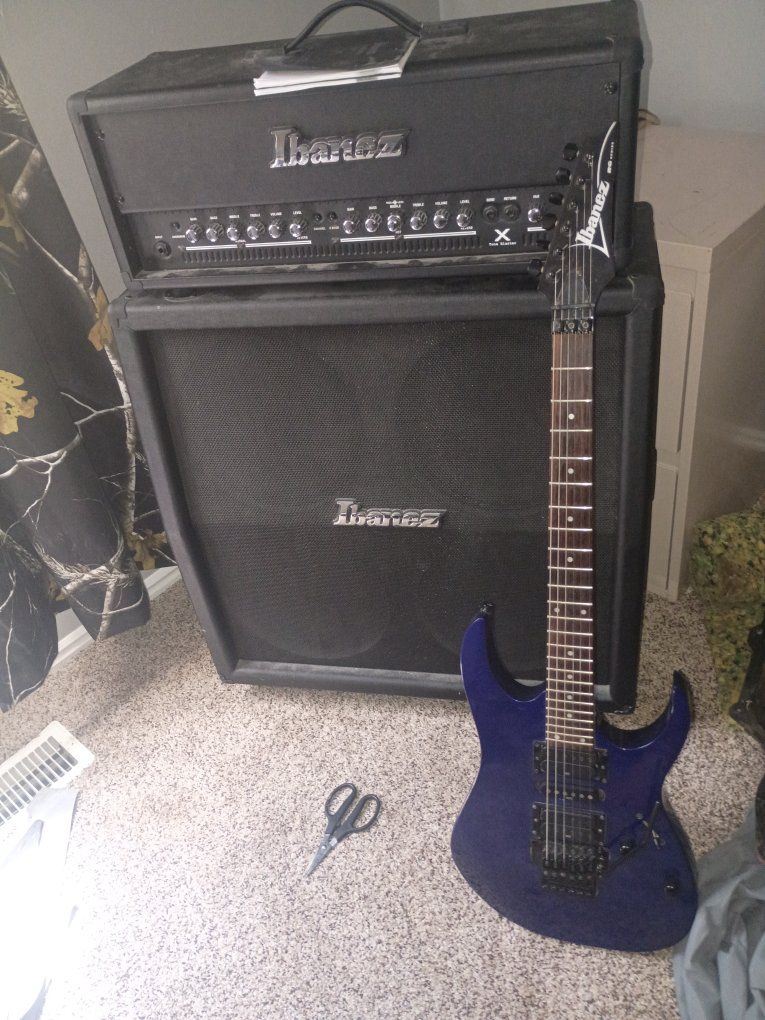 Ibanez RG Series Electric Guitar in Metallic Blue with Ibanez Tone Blaster X Amp Head and Cabinet