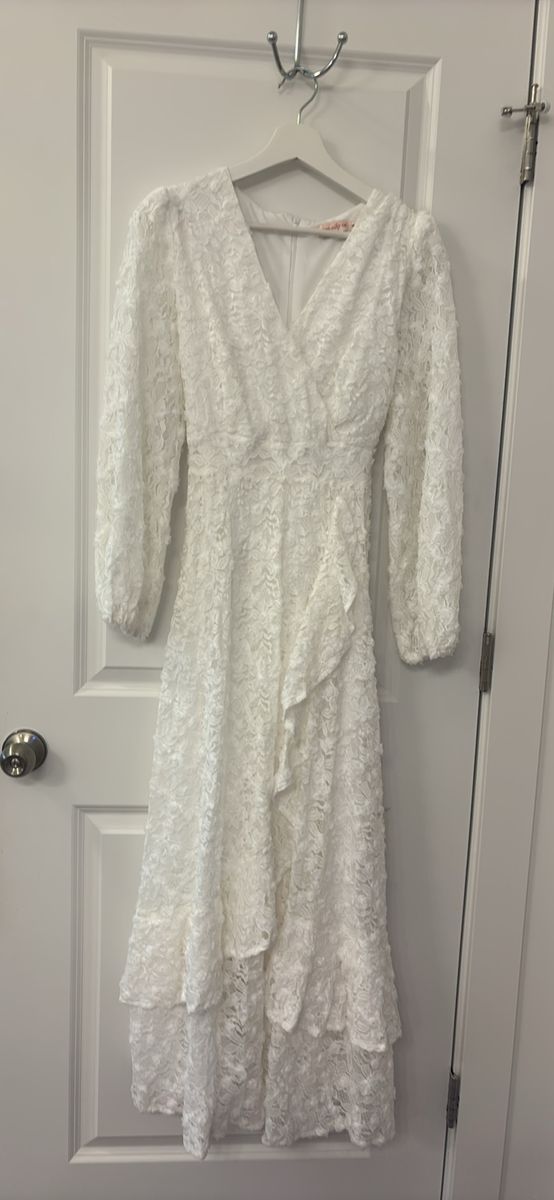White Lace V-Neck Ruffle Midi Dress - Size Medium
