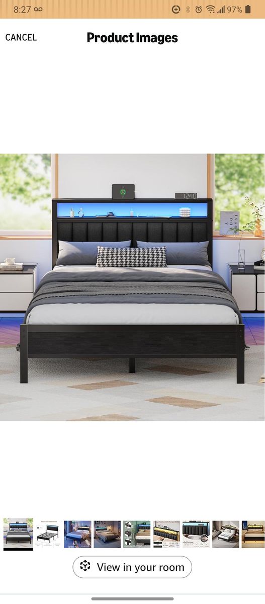 Furnulem Queen Size Bed Frame w/ Charging Station and LED Lights