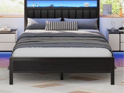 Furnulem Queen Size Bed Frame w/ Charging Station and LED Lights
