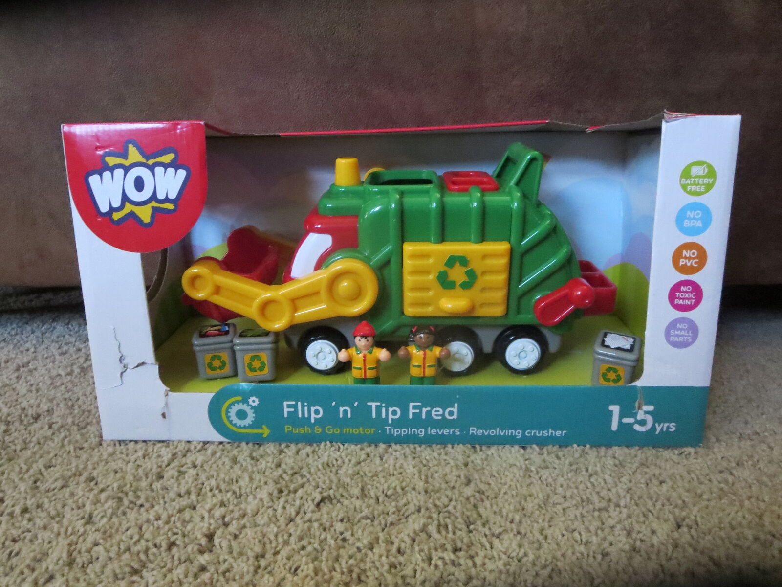 WOW Toys Flip'n' Tip Fred Push & Go Motorised Recycling Truck With Recycling Can