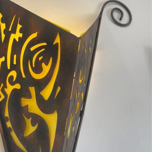 Abstract Welded Metal Wall Sconce with Yellow Backing