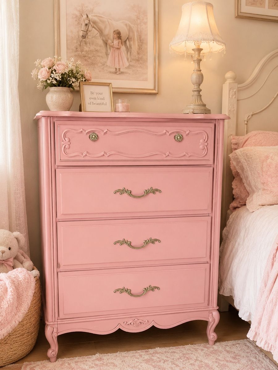 Vintage Lea French Provincial Pink 4-Drawer Tall Dresser