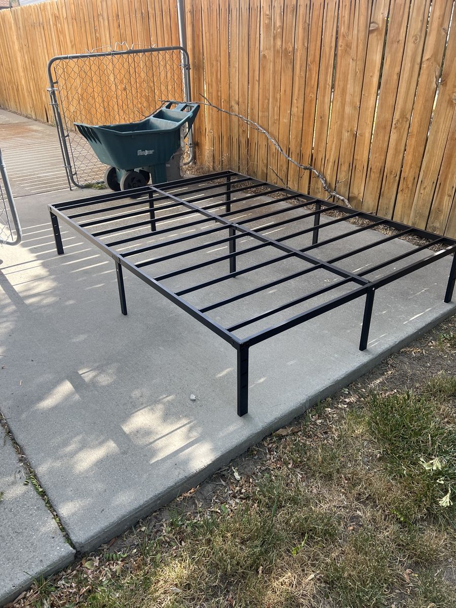 Black Metal Queen Size Bed Frame - Sturdy Platform Foundation, No Box Spring Needed
