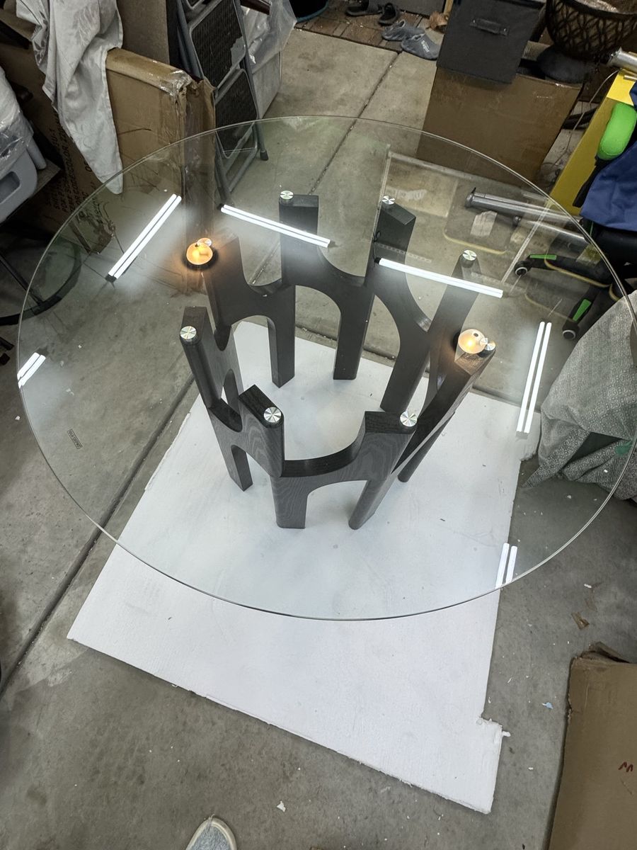 Round Tempered Glass Dining Table, 46", Mid-Century Modern Walnut/Black MDF Sculptural Base