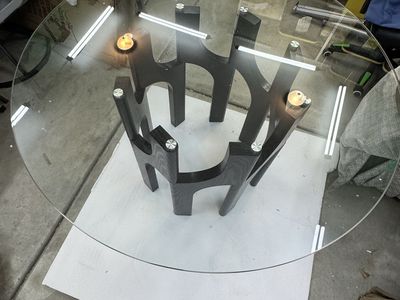 Round Tempered Glass Dining Table, 46", Mid-Century Modern Walnut/Black MDF Sculptural Base