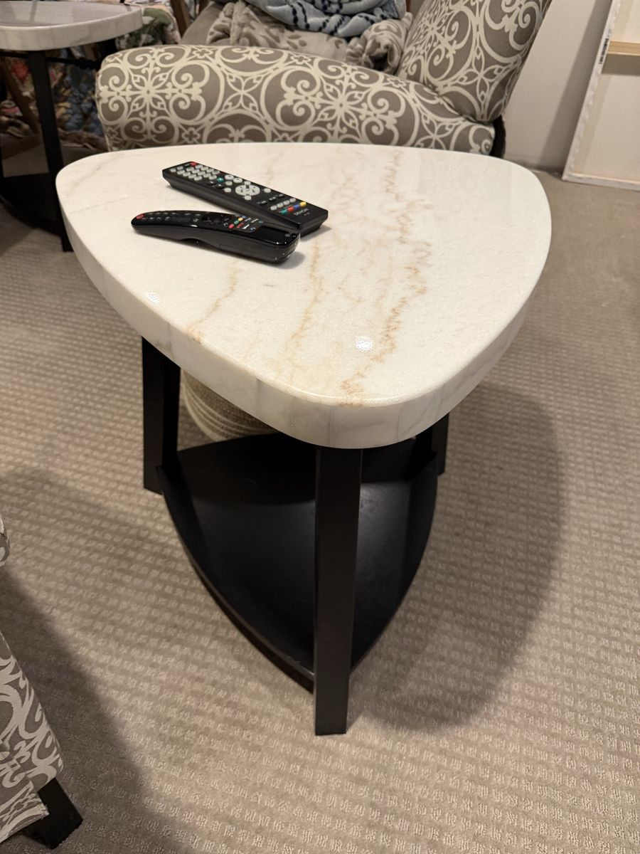 Set of two Modern Triangular Marble Top Side Tables with Black Wood Base and Lower Shelf