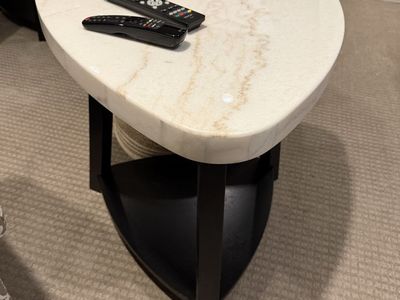 Set of two Modern Triangular Marble Top Side Tables with Black Wood Base and Lower Shelf
