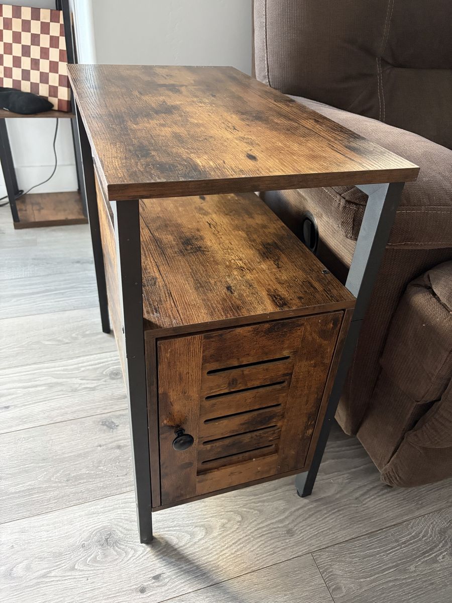 Two End Tables with Storage Cabinet - Rustic Brown & Black Accent