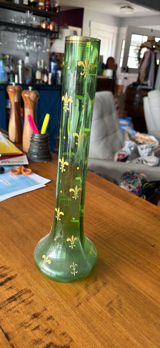 Vintage Green Glass Vase with Gold Fleur de Lis Pattern