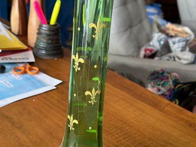 Vintage Green Glass Vase with Gold Fleur de Lis Pattern