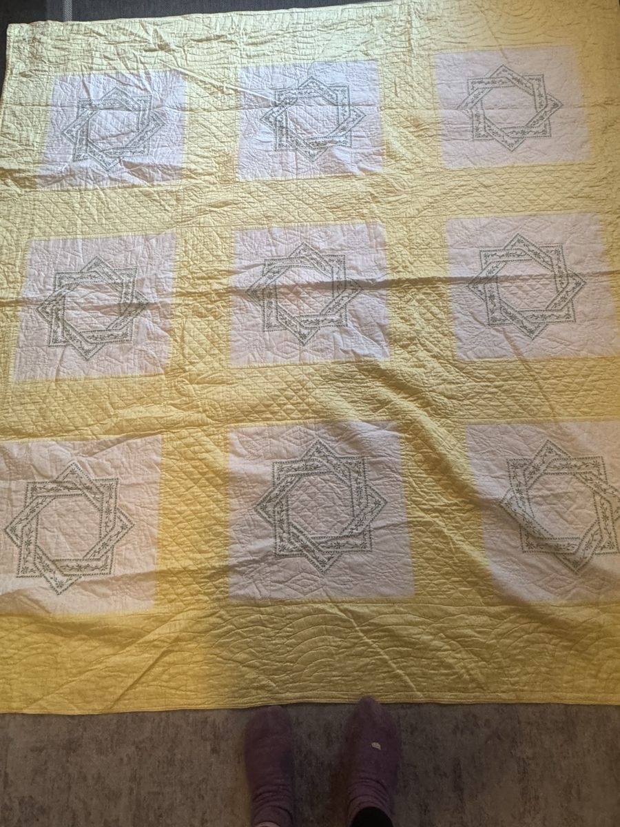 Vintage Hand-Embroidered Yellow Quilted Throw Blanket/Comforter, Floral Star Pattern