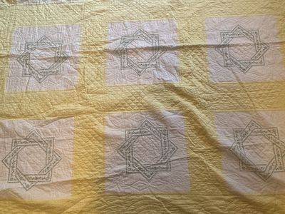 Vintage Hand-Embroidered Yellow Quilted Throw Blanket/Comforter, Floral Star Pattern