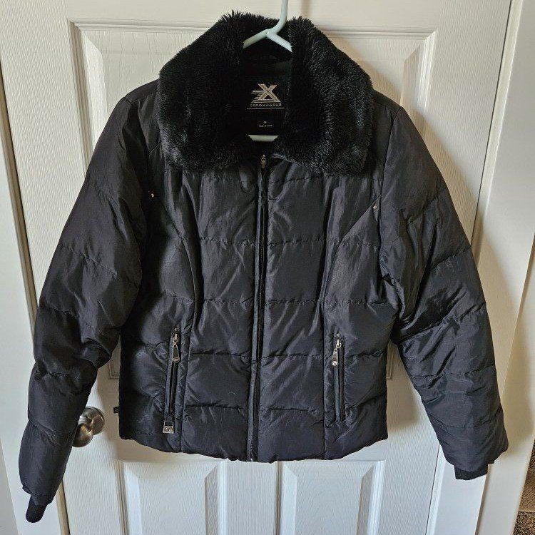 ZEROXPOSURE Women's Black Puffer Jacket with Faux Fur Collar - Size Medium