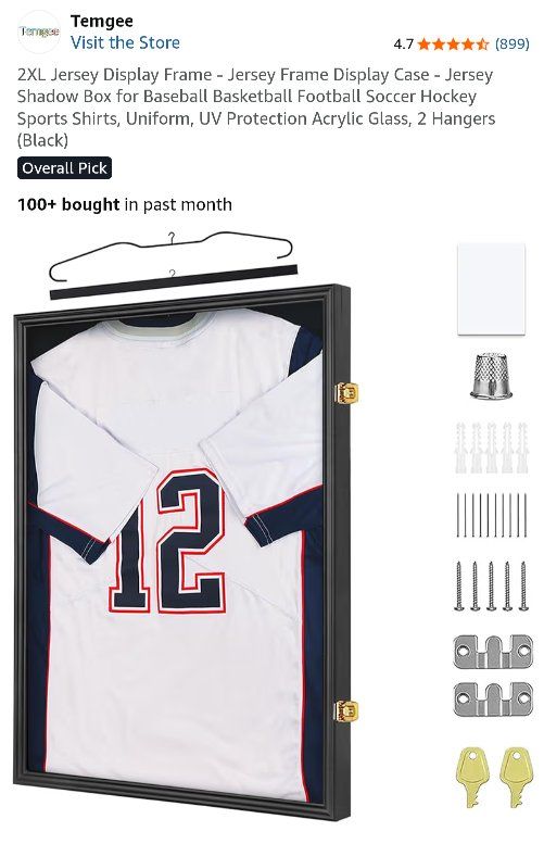 Black Jersey Display Frame Shadow Box(es): Size 2XL w/ UV Protection, Acrylic Glass, & 2 Hangers