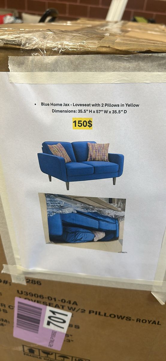 Home Jax Royal Blue Loveseat with 2 Pillows New in Box 57"W