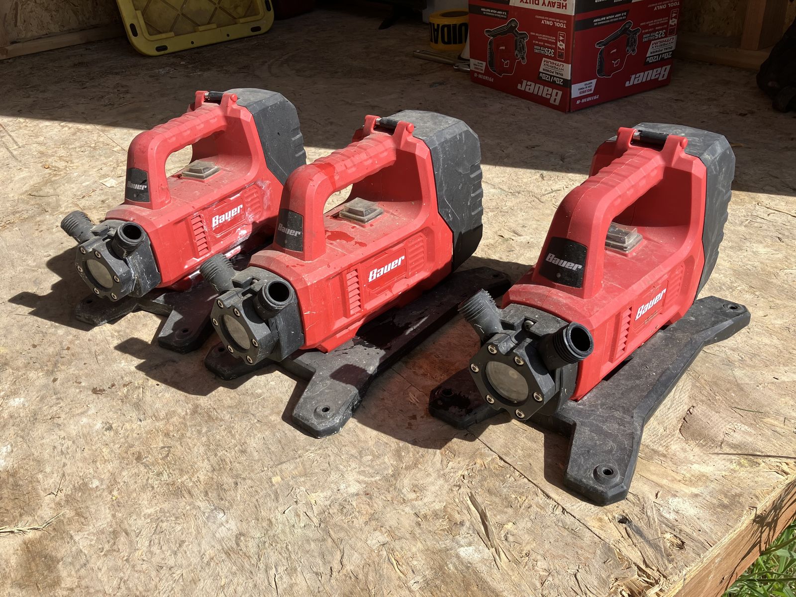 Used, 3 Bauer water pumps and 4 Bauer Batteries (comes with battery charger).