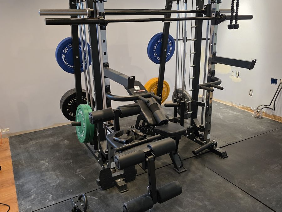 All-in-One Home Gym Smith Machine, Plates, Bar, Bench and Mounted Leg Extension Rack