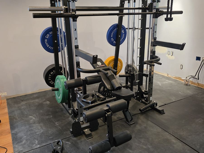 All-in-One Home Gym Smith Machine, Plates, Bar, Bench and Mounted Leg Extension Rack