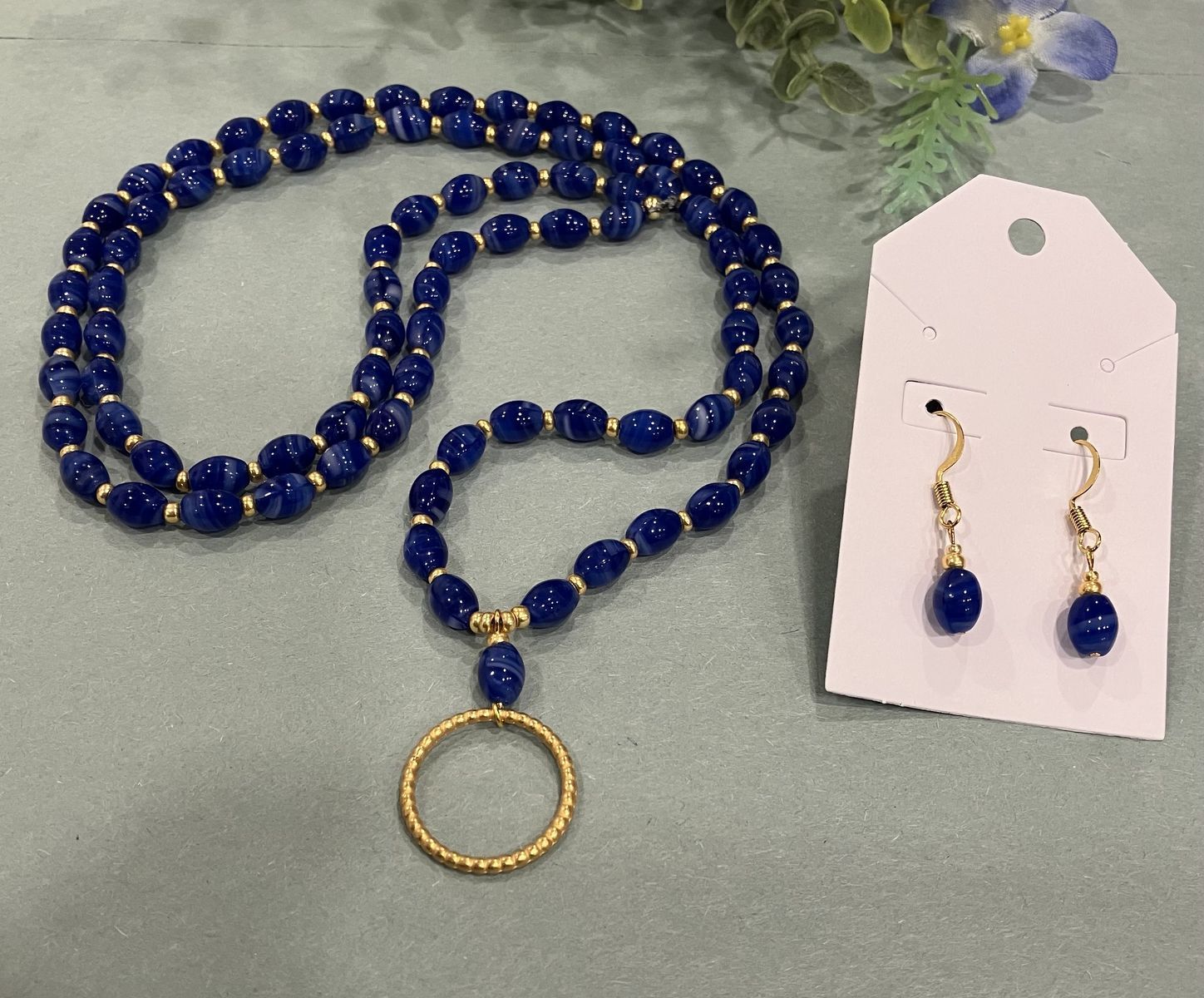 Royal Blue Beaded Gold Pendant Necklace And Earrings