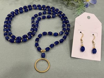 Royal Blue Beaded Gold Pendant Necklace And Earrings