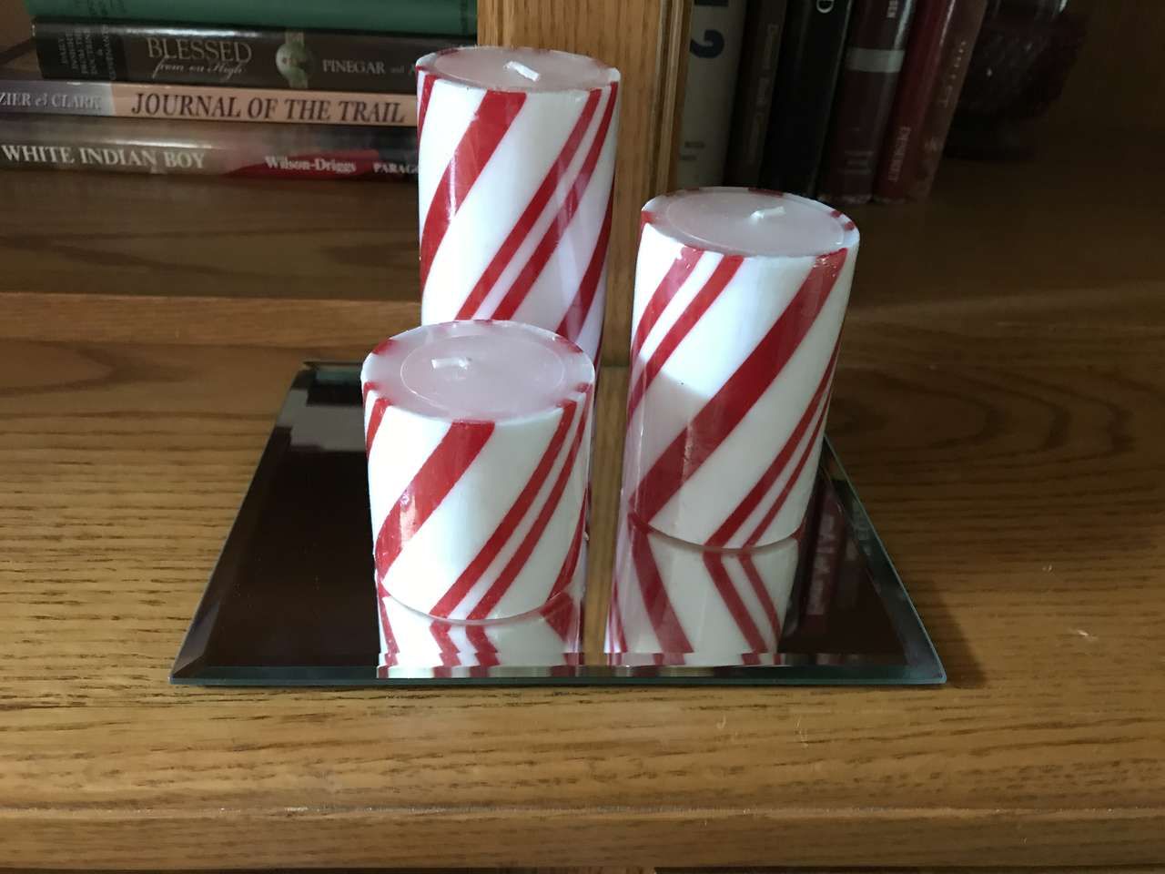 CHOOSE from the following:  Candle Set of 3 Striped Candy Cane Design on Mirror, New, $10 per listing