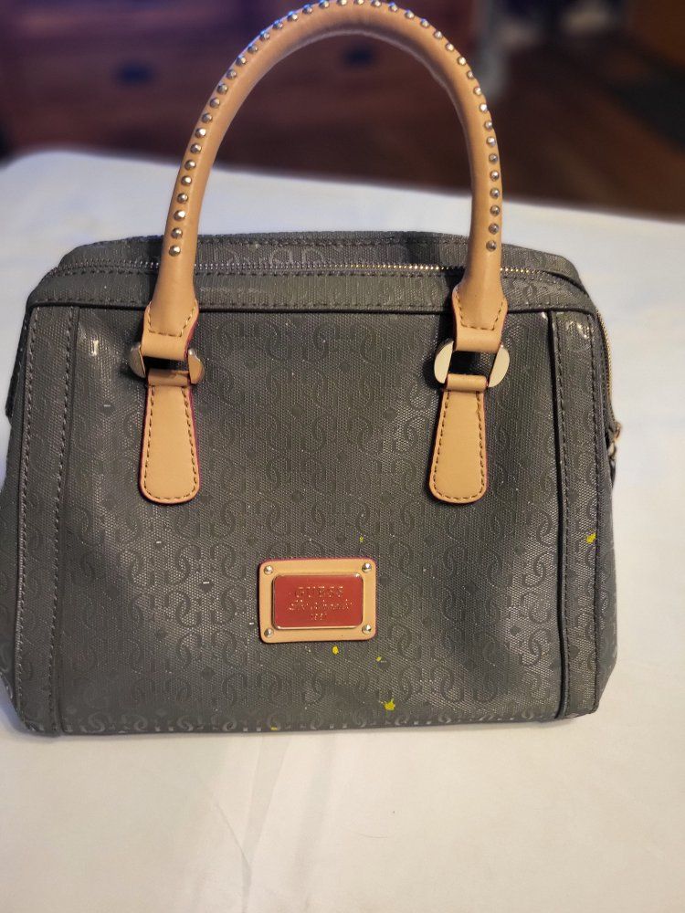 GUESS Gray Monogram Satchel Handbag with Studded Handles - Fashionable & Spacious
