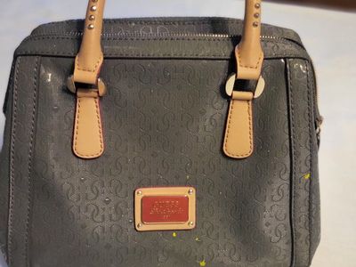 GUESS Gray Monogram Satchel Handbag with Studded Handles - Fashionable & Spacious