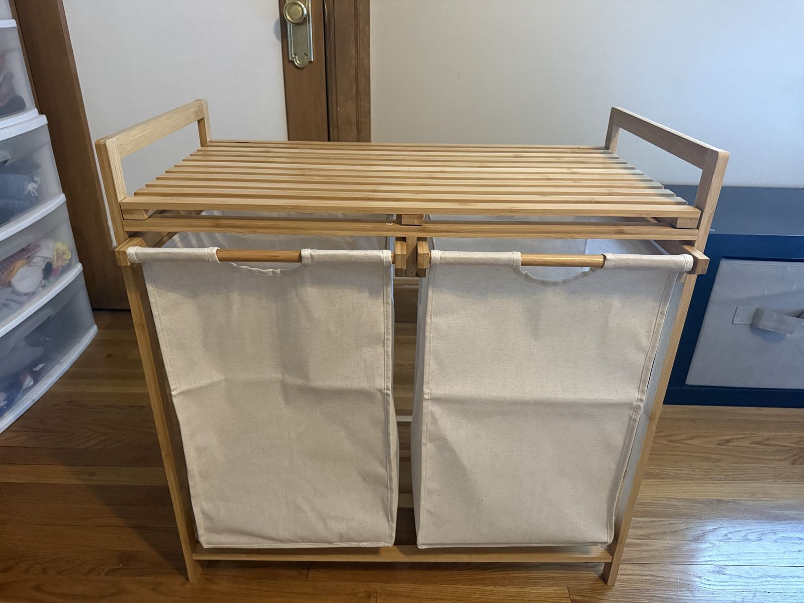 Bamboo Double Laundry Hamper with Shelf and Removable Canvas Bags