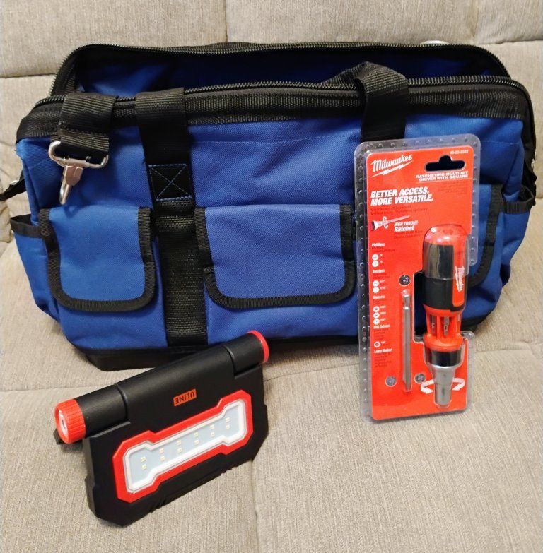 Milwaukee Ratcheting Multi-Bit Driver, ULINE LED Work Light & Blue Tool Bag Bundle