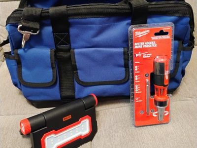 Milwaukee Ratcheting Multi-Bit Driver, ULINE LED Work Light & Blue Tool Bag Bundle