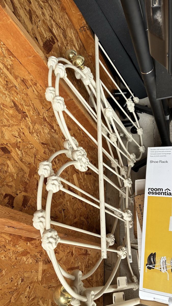 Vintage White Metal Wrought Iron Headboard with Gold Finials
