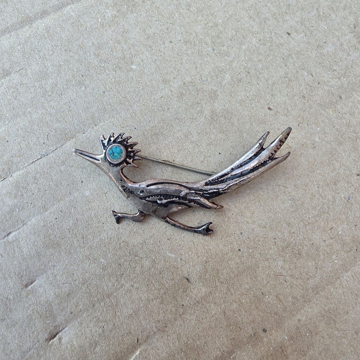 Vintage Sterling Silver Roadrunner Brooch Pin with Turquoise Eye - Southwest Jewelry
