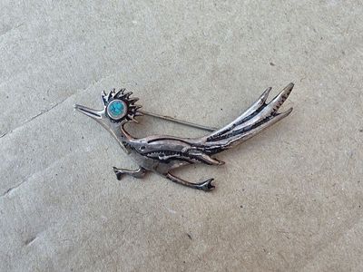 Vintage Sterling Silver Roadrunner Brooch Pin with Turquoise Eye - Southwest Jewelry