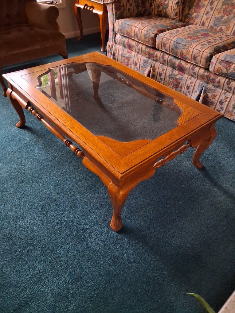 Vintage Oak Coffee Table & End Table Set with Glass Inlay and Cabriole Legs