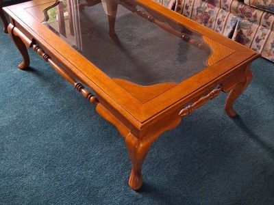 Vintage Oak Coffee Table & End Table Set with Glass Inlay and Cabriole Legs