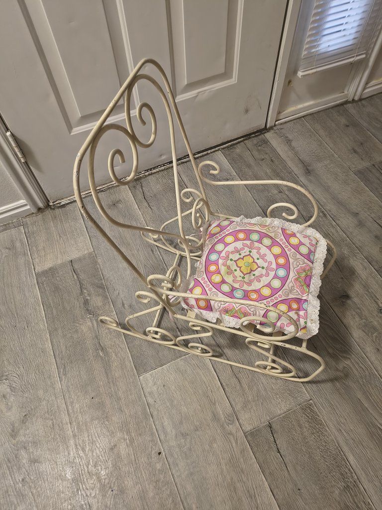Vintage Metal Doll Rocking Chair with Colorful Floral Cushion