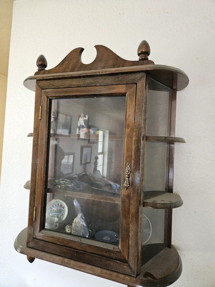 Vintage Wall-Mount Curio Cabinet Dark Wood Display Shelf with Glass Door