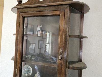 Vintage Wall-Mount Curio Cabinet Dark Wood Display Shelf with Glass Door