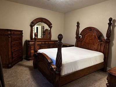 Ornate Solid Wood Queen Size Four-Poster Bed Frame & Matching 5-Piece Bedroom Set