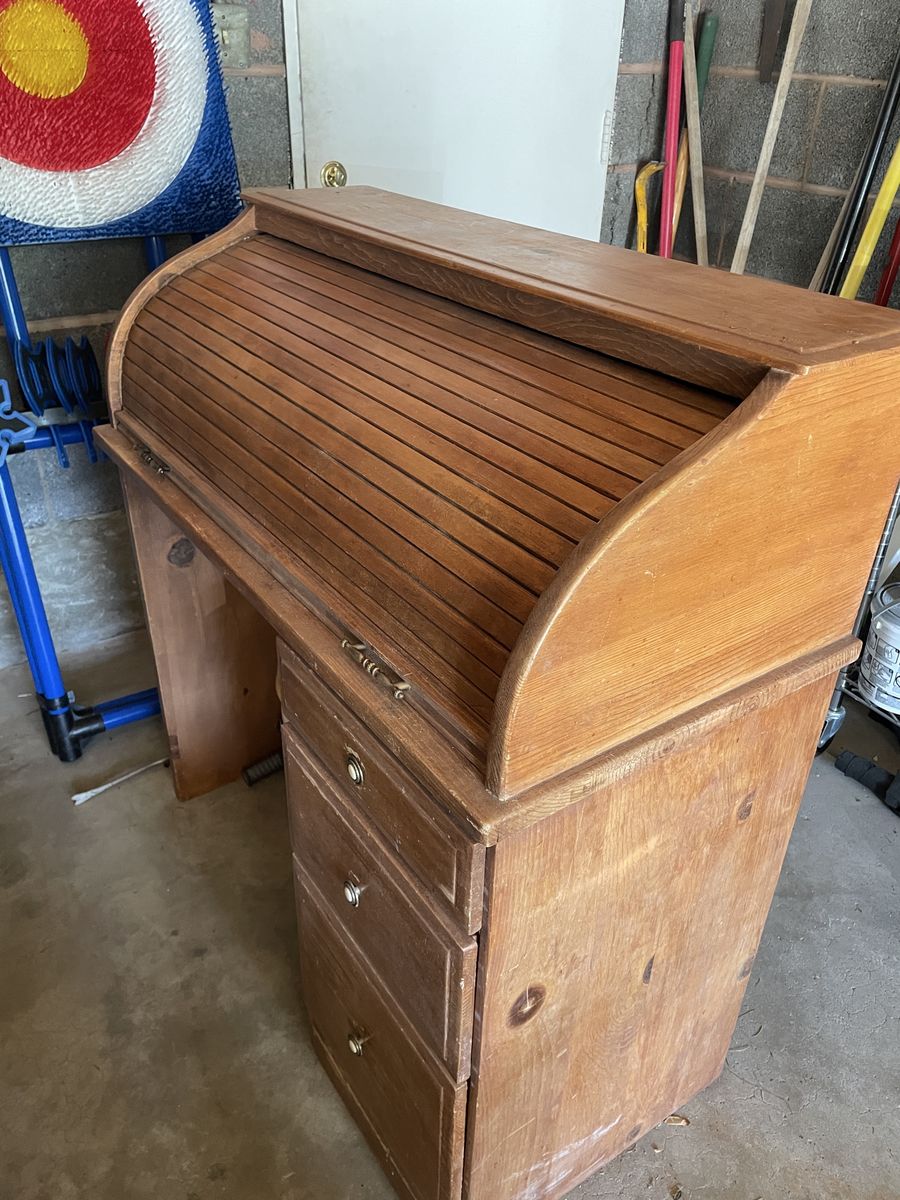 Vintage Wooden Roll-Top Desk with Drawers and Organizer