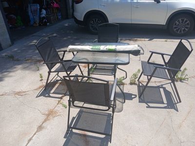 Outdoor Patio Dining Set - Glass Top Table & 4 Folding Chairs - Used Good