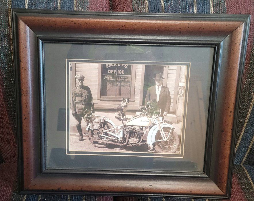 Vintage Sheriff's Office Photo Print with Motorcycle & Dog - Framed Black & White Historical Picture
