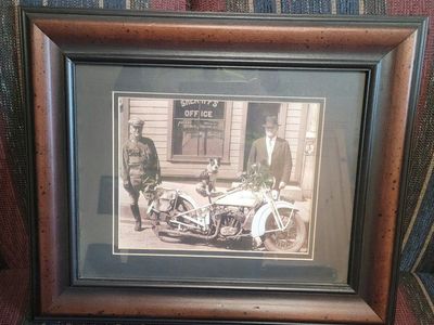 Vintage Sheriff's Office Photo Print with Motorcycle & Dog - Framed Black & White Historical Picture