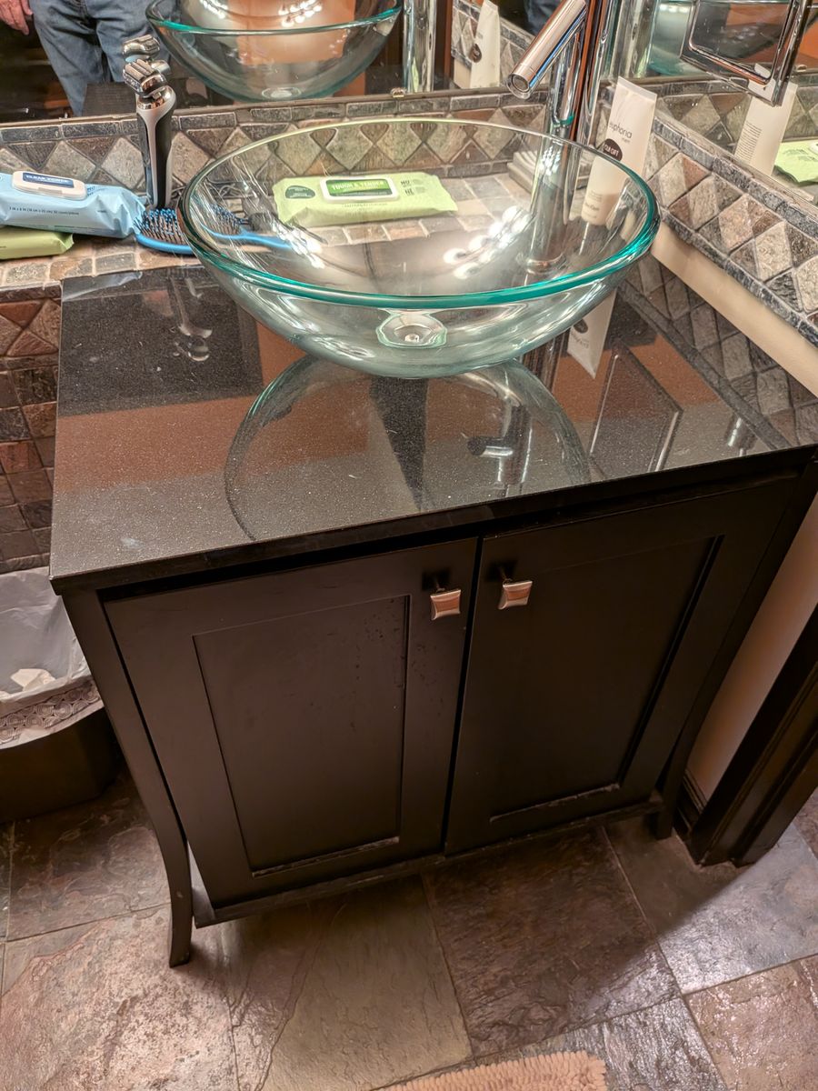 2 Modern Dark Wood Bathroom Vanity with Granite Countertop & Clear Glass Vessel Sink