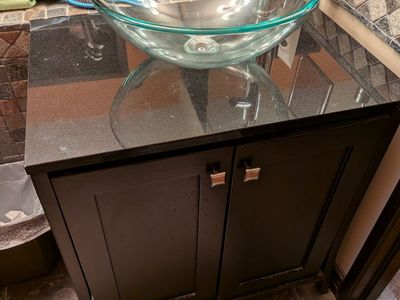 2 Modern Dark Wood Bathroom Vanity with Granite Countertop & Clear Glass Vessel Sink
