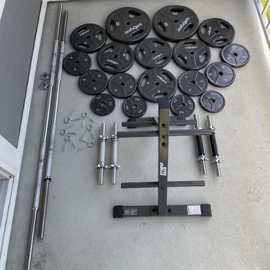 1inch weight plates with bars, dumbbell handles, and storage rack