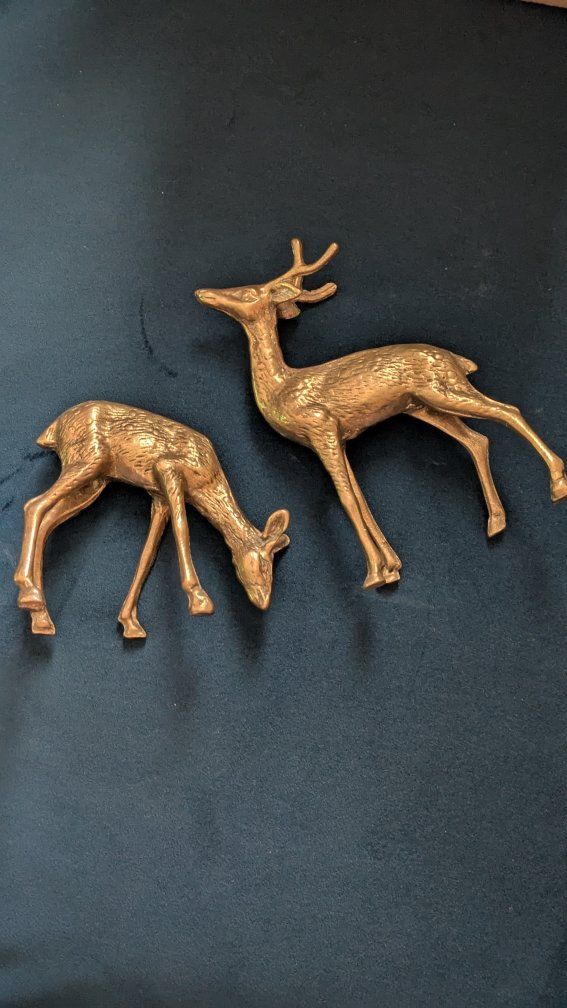 Vintage Brass Deer Figurines - Pair of Grazing and Standing Reindeer Statues