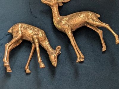 Vintage Brass Deer Figurines - Pair of Grazing and Standing Reindeer Statues