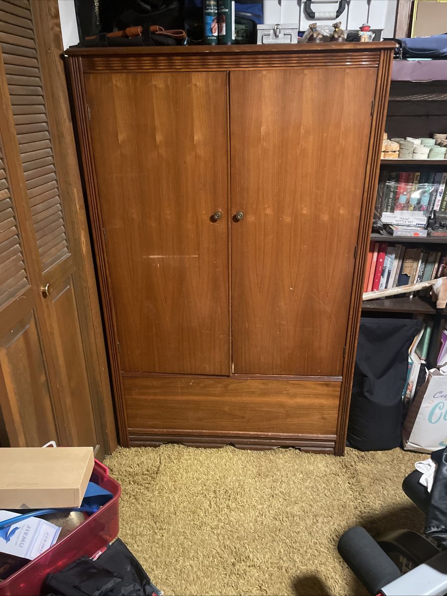 Vintage Wooden Armoire Wardrobe Cabinet with Two Doors and Lower Drawer